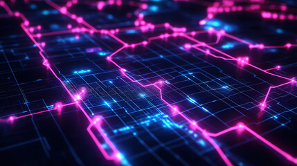 Obraz premium Futuristic Digital Network Background with Neon Pink and Blue Circuit Lines