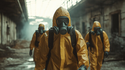 Fototapeta premium Three People in Hazmat Suits and Gas Masks Exploring Abandoned Industrial Site