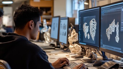 The design and CAD modeling area features designers creating intricate jewelry designs using computer-aided design (CAD) software