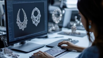 The design and CAD modeling area features designers creating intricate jewelry designs using computer-aided design (CAD) software