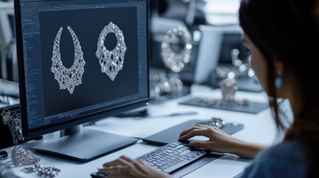The design and CAD modeling area features designers creating intricate jewelry designs using computer-aided design (CAD) software