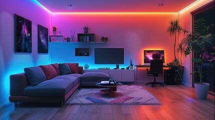 Living room neon atmosphere lighting, living room with sofa and computer game table clean and tidy wall. Generative AI.