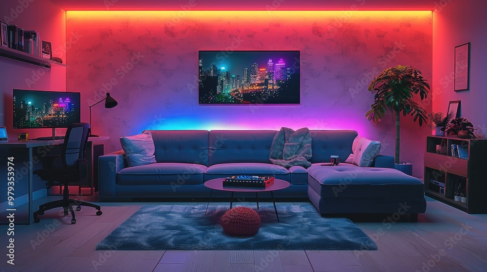 Poster living room neon atmosphere lighting, living room with sofa and computer game table clean and tidy w