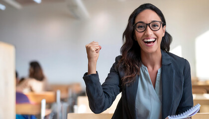 happy adult celebrating high score exam proud hard work