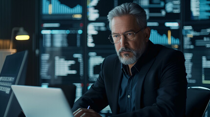 portrait of a middle age male cyber security expert working on laptop in modern office, experienced tech worker professional IT expert 