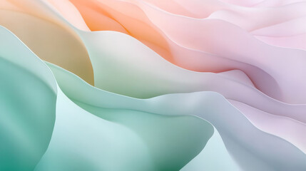 Soft pastel waves in shades of mint green, peach, and lavender, with dynamic flowing shapes creating a gentle, abstract background.