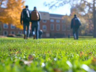 Obraz premium College campus with students walking between classes, academic style, wide shot, vibrant colors, sharp focus