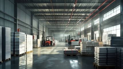 The factory's warehouse is filled with stacks of finished roofing products, from metal sheets to asphalt shingles