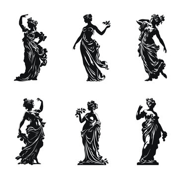 Set of classical woman statues in various poses, detailed vector illustration. Black and white designs of ancient Greek or Roman style sculptures graceful and elegant forms.