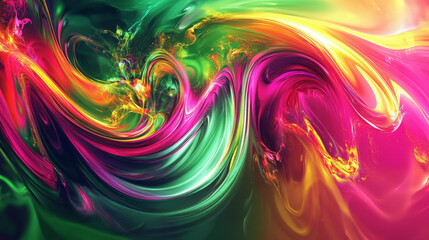 Vibrant gradient transition from neon green to hot pink with abstract, swirling shapes creating a futuristic, high-energy look.