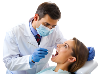 Dentist performing a dental procedure isolated on transparent background