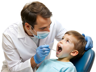 Dentist performing a kid's dental procedure isolated on transparent background - Powered by Adobe