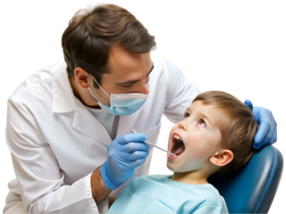 Dentist performing a kid's dental procedure isolated on transparent background