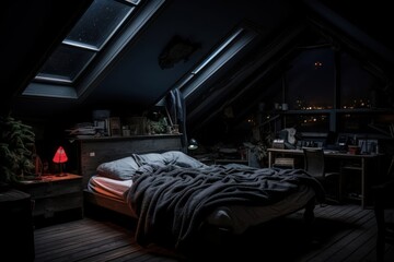 Cozy room aesthetic dark architecture furniture building.