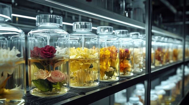 The fragrance blending area within the cosmetics factory showcases large glass containers filled with essential oils and aromatic compounds
