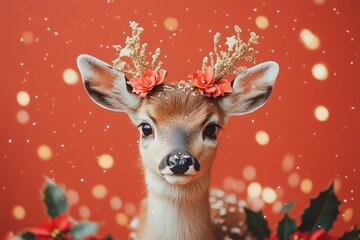 cute deer with poinsettia floral crown, golden flying confetti 