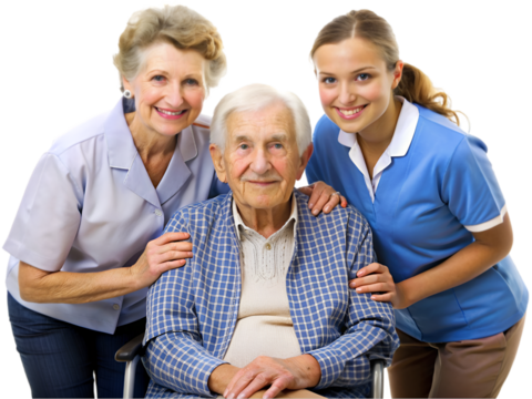 Elderly person with caregivers isolated on transparent background