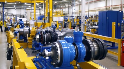 The hydraulic system assembly station features large cylinders and pumps being assembled and tested