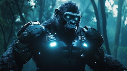 Fototapeta premium A cybernetic gorilla standing tall in a futuristic forest, with metallic arms and glowing sensors on its chest.