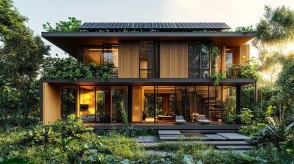 Fototapeta premium Two-story cube house, natural wood paneling, rooftop solar panels, modern minimalism, surrounded by lush greenery, soft golden sunlight, high detail