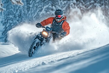 Motorcyclist Riding Through a Snowy Forest