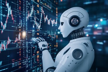 A humanoid robot analyzes financial market data in a futuristic trading environment during nighttime