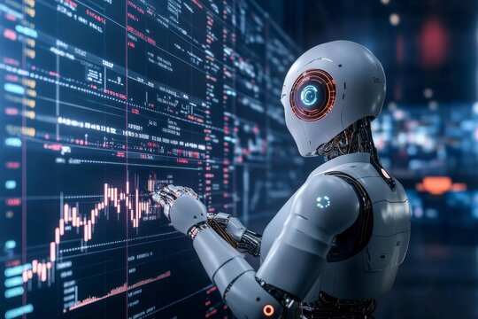 A futuristic robot analyzing data trends in a high-tech environment with digital displays and glowing graphs