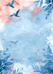 Fototapeta premium Blue and coral watercolor background with flying birds and leaves, artistic dreamy nature scene with copy space