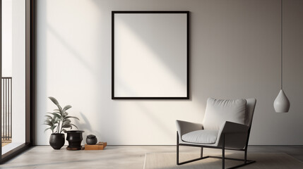 Interior of modern living room with white walls, tiled floor, comfortable armchair and mock up poster frame. 3d rendering