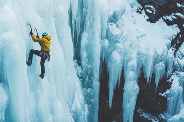 Fototapeta premium Ice Climber Ascending a Frozen Waterfall