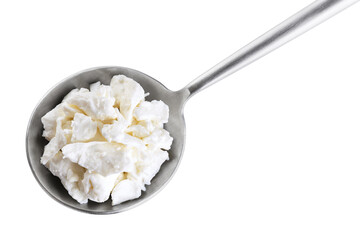 Cottage cheese in a spoon isolated on white background. With clipping path.