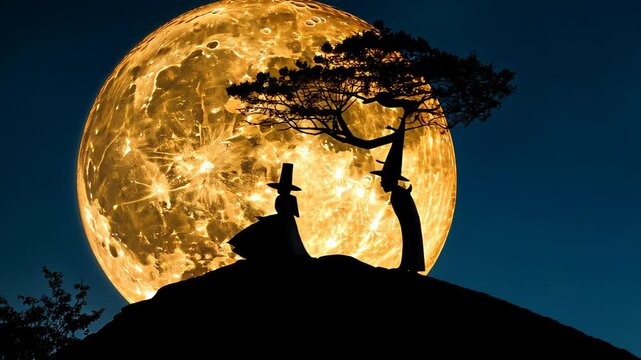 Silhouette of a person in a hat sitting on a hill under a large, bright full moon with a twisted tree in the foreground.