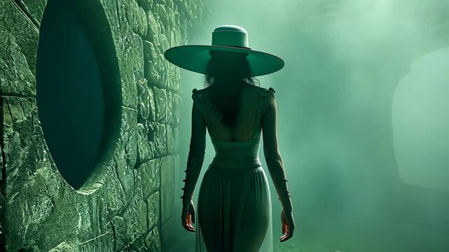 Mysterious woman in a long dress and wide-brimmed hat walking in a foggy, eerie corridor.