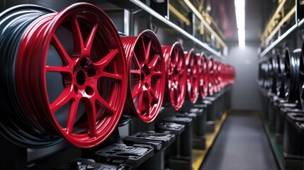 The powder coating section shows alloy wheels being painted and cured