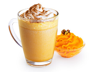Pumpkin spice latte with whipped cream and ingredients isolated on white background. With clipping path.