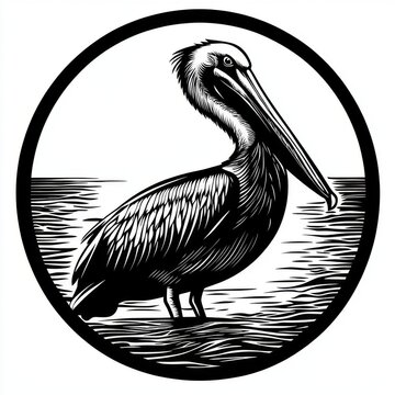 recommend clip art: Black and white illustration of a pelican standing in the water.
