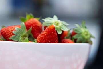 A closeup portrait of a bunch of red tasty fresh strawberies with the green top in a white bowl. The delicious fruit is ready to be eaten.