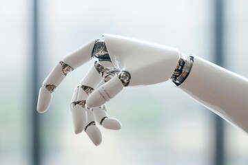 A close-up view of a robotic hand showcasing intricate design and movement, set against a modern office background during daylight