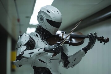 Fototapeta premium A humanoid robot plays a violin in a dimly lit hallway showcasing advanced technology and artistry in a futuristic setting