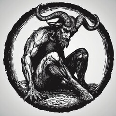 Black and white illustration of a satyr with horns, sitting in a circle.