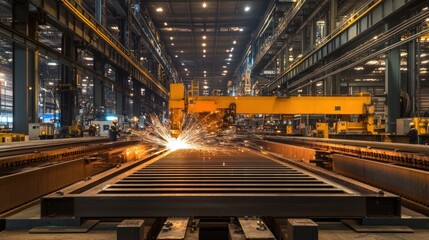 The steel cutting and shearing section showcases large guillotine shears and laser cutters slicing through steel sheets with precision