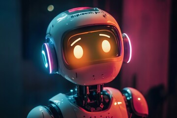 Fototapeta premium A futuristic robot with glowing eyes and colorful accents stands in a dimly lit room, capturing a moment of curiosity and wonder