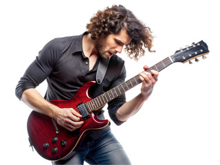 Guitarist playing on electric guitar isolated on transparent background