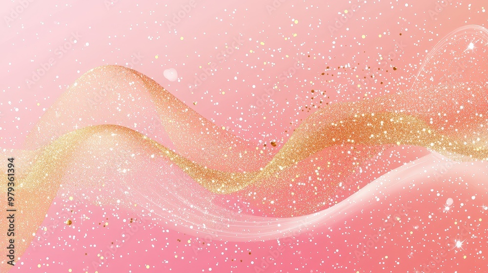 Fototapete Flowing waves of soft gold and pink create a mesmerizing abstract design filled with shimmering sparkles, adding a dreamy quality to the scene