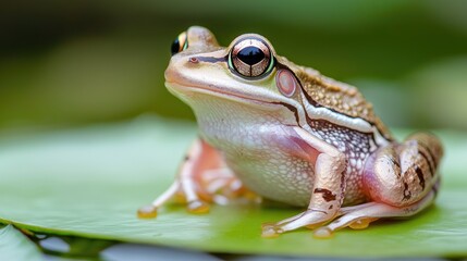 A close-up of a colorful frog resting on a green leaf, showcasing its intricate patterns and vibrant eyes in a serene setting.