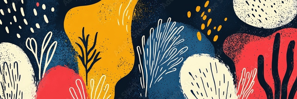 Poster This artwork showcases a vibrant array of abstract shapes in bright colors, intertwined with distinct patterns that create a lively and engaging visual experience