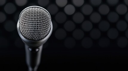 A close-up of a microphone against a blurred dark background, perfect for music, singing, or public speaking themes.