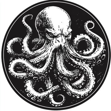 recommend clip art: A black and white illustration of a menacing octopus with eight tentacles, set against a black background.