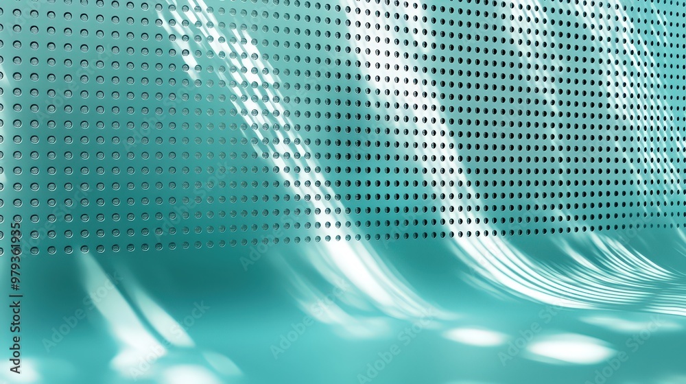 Poster the turquoise background features a textured surface with a series of holes, reflecting light patter