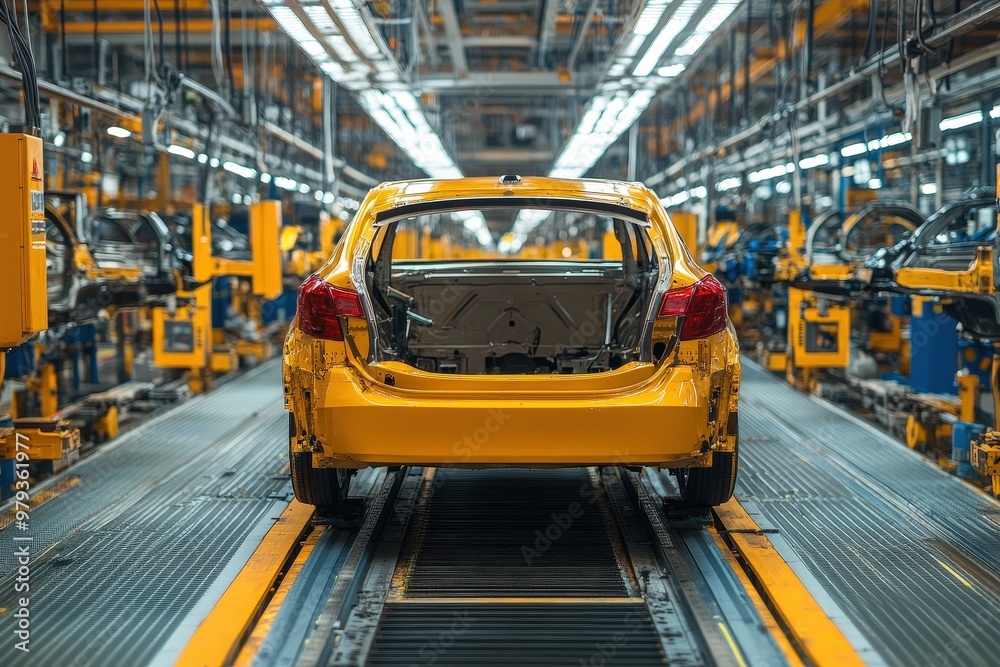 Poster a yellow car chassis is positioned on an assembly line within a large automotive factory, surrounded